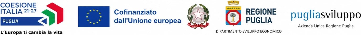 Coesione Italia 21-27 Puglia — Cofinanziato dall’Unione europea · Repubblica Italiana · Regione Puglia, Dipartimento Sviluppo Economico · Puglia Sviluppo