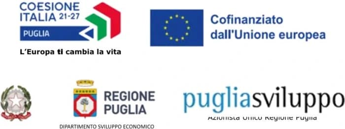 Coesione Italia 21-27 Puglia — Cofinanziato dall’Unione europea · Repubblica Italiana · Regione Puglia, Dipartimento Sviluppo Economico · Puglia Sviluppo